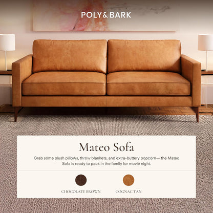 Poly & BARK Mateo 82” Sofa – Cognac Tan Full-Grain Pure-Aniline Italian Leather, Feather-Down Cushions, Solid Wood Frame & Walnut Legs