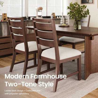 COLAMY Wooden Dining Chairs Set of 2, Farmhouse Upholstered Dining Room Chairs with 3.5" Thick Cushion, FSC Solid Wood Ladder Back Kitchen Chairs for Home and Restaurant, Easy Clean,Brown