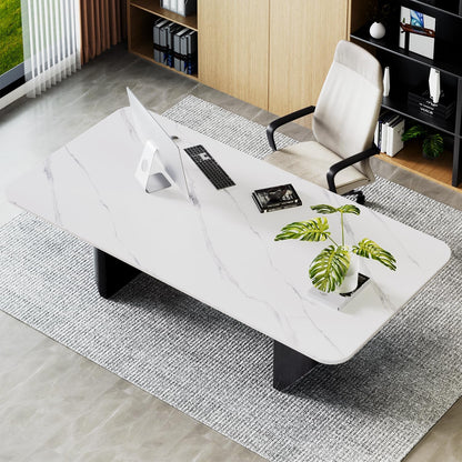 Modern White Dining Table for 6 to 8 People, 70.9" High Hardness Sintered Stone Table for Dining Room and Easy Maintenance - Half-Round Stainless Steel Base(Table Only)