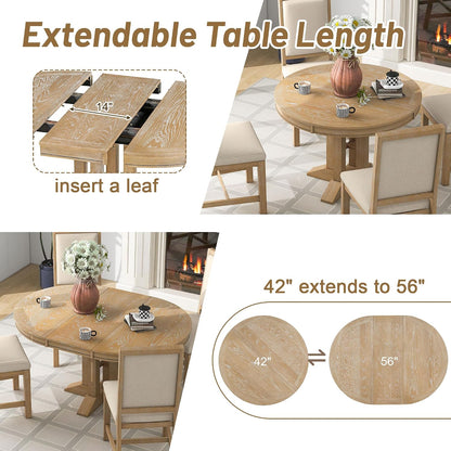 Merax Farmhouse Expandable Round Dining Table, 42 to 56 Inch Vintage Solid Wood Kitchen Table with Removable Oval Leaf, Retro Distressed Finish for Dining Room, Seats 6, Natural