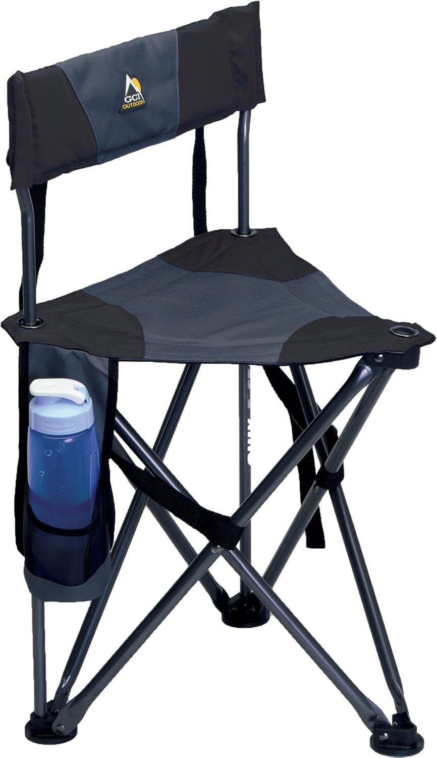 GCI Outdoor Quik-E-Seat | Portable, Folding Tripod Chair with Drink Holder and Padded Lumbar Support — Black