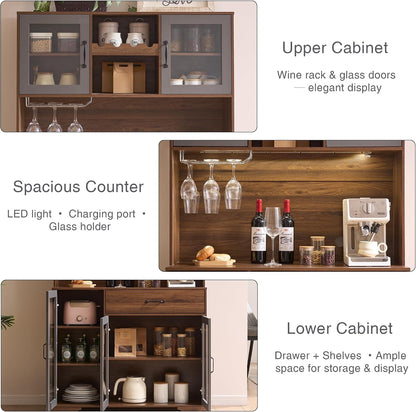 Fatmok 71" Tall Pantry Cabinet with Glass Doors, Kitchen Hutch Storage Cabinet, Coffee Bar & Liquor Cabinet with Charging Station & LED Lights, Wine Rack, Adjustable Shelves＆Large Drawer, Brown