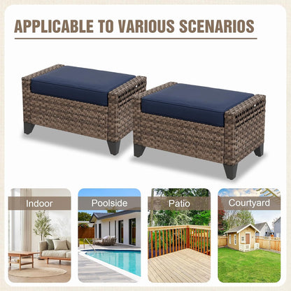2 Pieces Modern Outdoor Wicker Patio Footstools, Multipurpose PE Rattan Ottomans Set for Poolside, Backyard and Balcony, Brown/Blue