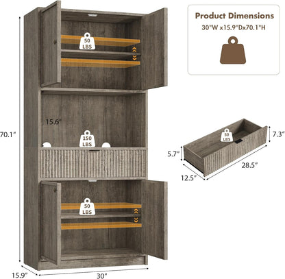 IDEALHOUSE Tall Storage Cabinet, 70" Kitchen Pantry Cabinet with Doors, Fluted Kitchen Hutch Cupboard with Microwave Shelf & Drawer, Freestanding Cupboard for Dining Room, Living Room, Gray