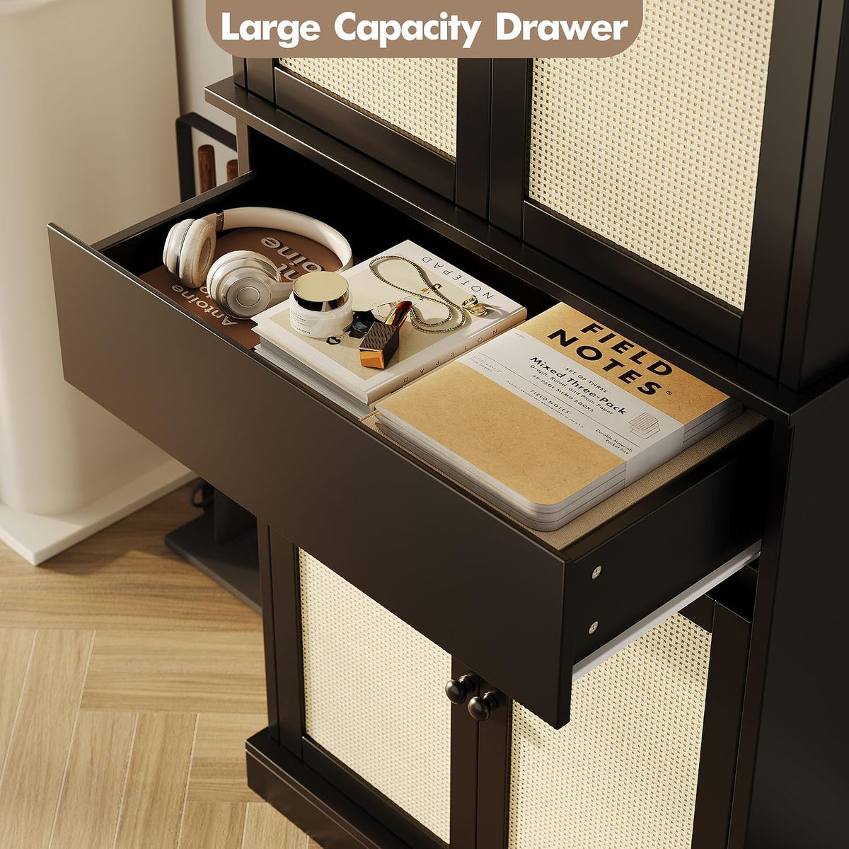 Slim Tall Pantry Cabinet - 4 Rattan Doors, Drawer, and 2 Adjustable Shelves - Freestanding Storage Cupboard for Entryway, Kitchen, Dining Room, Bathroom, or Office,Black