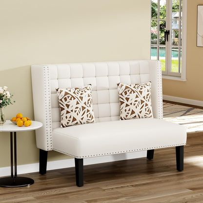 White Faux Leather Loveseat Settee, Modern Tufted Upholstered Bench with Back for Kitchen Dining Room Living Room, High Back Banquette Seating Sofa Couch with Wood Legs