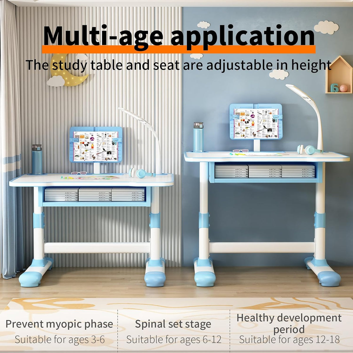Kids Desk and Chair Set with LED Light | Adjustable Children's Study Table with Tiltable Book Stand & Large Drawer for Bedroom or Living Room (Pink/Blue) (Pink)