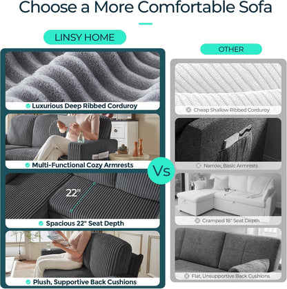 LINSY HOME Sectional Couches for Living Room, 81" L Shape 3 Seats, Grey | Sleeper sofa with pull out couch bed, corduroy couch with storage