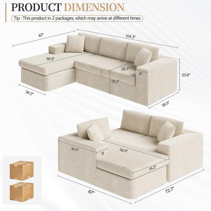 Vongrasig 105" Couches for Living Room, Sectional Couches Modular Sofa with L-Shaped Chaise, Memory Foam Comfy Cloud Couch with Plush Corduroy Fabric, No Assembly Required, (Beige)