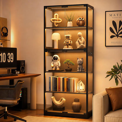 Display Cabinet with Glass Doors, 5-Tier 65" Glass Display Cabinet with LED 3-Color Lights & Human Body Sensor, Curio Cabinet with Textured Wood Shelves for Collectibles, Black Wood Frame