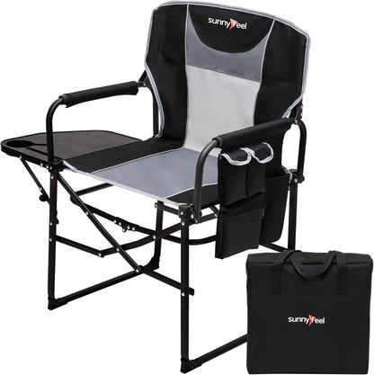 SUNNYFEEL Oversized Camping Chair Portable Directors Chairs with Side Table | Heavy Duty Folding Lawn Chair for Adults 300LBS with Compact Size, Breathable Mesh, Pocket & Carry Bag for Outdoor, Lawn, RV