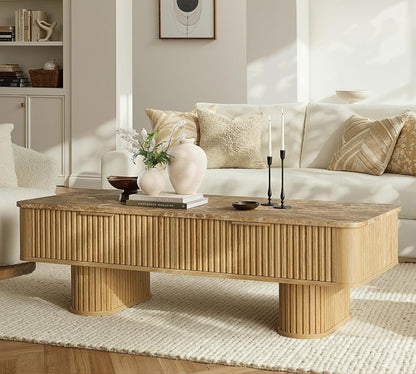 win2win Rectangle Coffee Table with Storage, Faux Marble Top, Boho,Oak