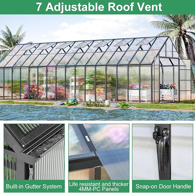 CDCASA 10x32 FT Greenhouse for Outdoors,Large Easy Assembly Thicker Aluminum Polycarbonate Greenhouses w/7 Windows, Double Door, Walk-in Green House for Outside,Patio,Backyard,Garden