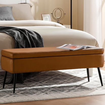 kinmars Leather Storage Ottoman Bench, End of Bed Bench with Steel Legs | Brown Leather Smooth Upholstery Design | 660 lb Capacity | Safety Hinges |Mid-Century Modern Style | Bedroom & Entryway