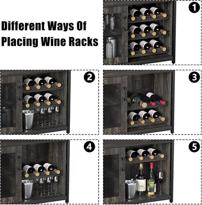 Takywep 3-Tier Wine Bar Cabinet with Removable Wine Rack, Glass Holder, Industrial Buffet Cabinet with Mesh Doors, Storage Sideboard for Kitchen, Dining Room, Living Room