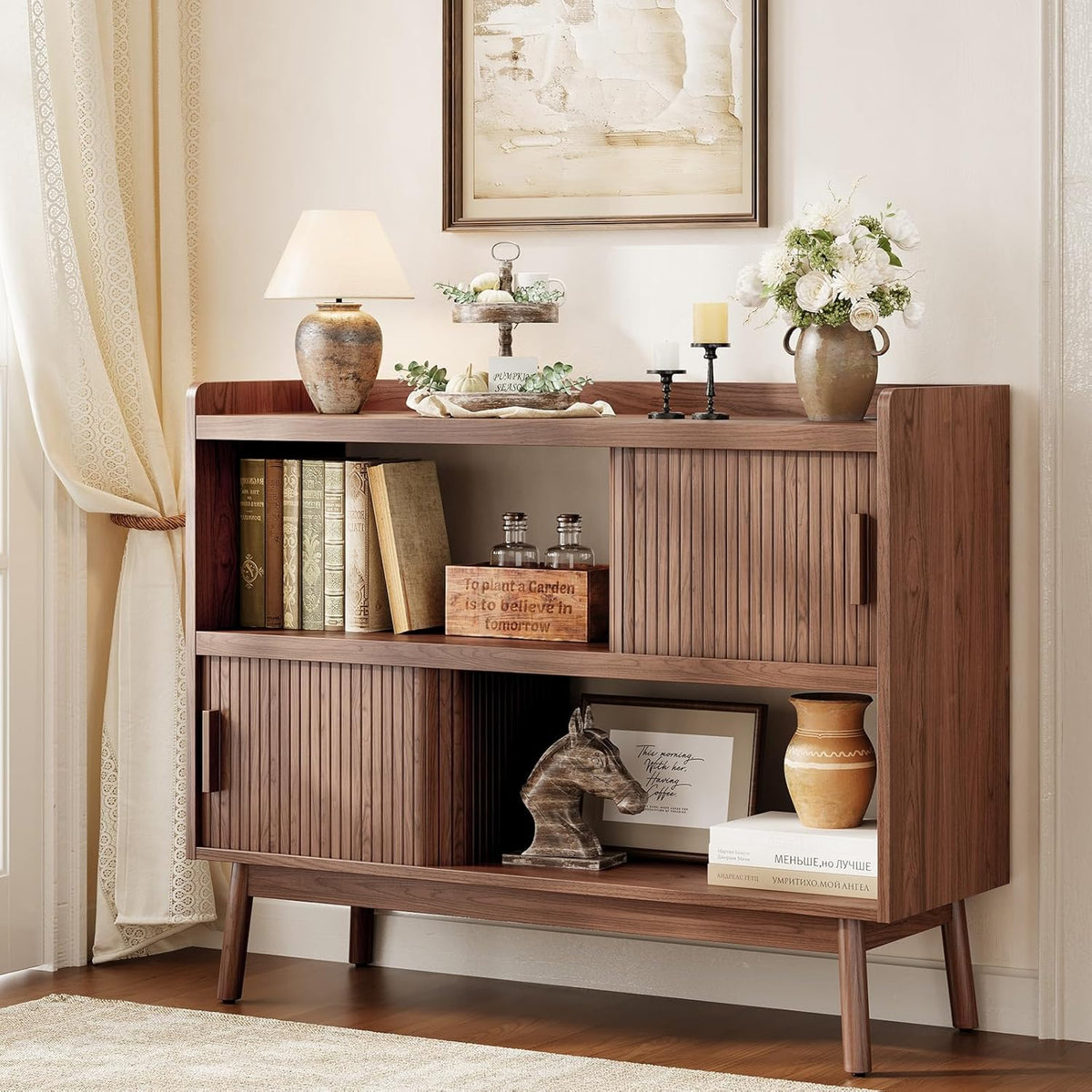 ONBRILL 44" Sideboard Buffet Cabinet with Outlet & 2 Open Storage Spaces, Fluted Sideboard Cabinet with Sliding Door & Adjustable Shelves, Mid-Century Accent Coffee Bar Console Table with Wooden Feet