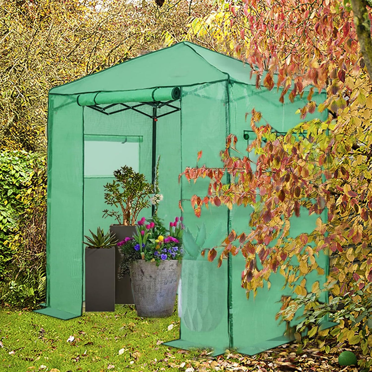 EAGLE PEAK Replacement Cover for 6x4 Portable Walk-in Pop up Greenhouse, Front Roll-Up Zipper Entry Door and 2 Roll-Up Side Windows (Frame Not Included), Green