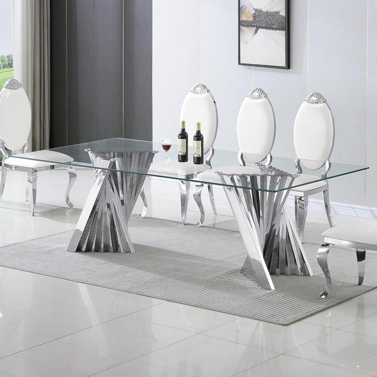 94" Glass Dining Table for 8-10, Large Luxury Kitchen Table with Tempered Glass Minimalist Tabletop and Silver Stainless Steel Pedestal for Dining Room (Table Only)