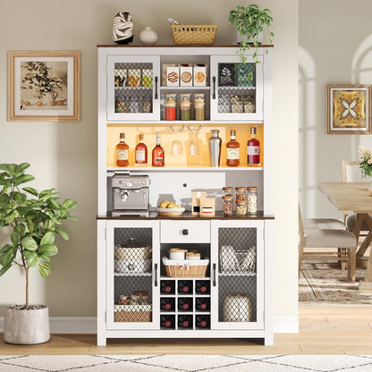 SOFTSEA Kitchen Pantry Cabinet with Built-in Power & USB Outlets, Kitchen Storage Cupboard with Doors, Wine Rack and Shelves, Rustic Buffet Cabinet with LED Light, 47.1x11.8x70.9 Inch, White