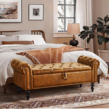 Furnimart Storage Bedroom Bench for End of Bed, Faux Leather Upholstered Storage Ottoman with Rolled Arms for Bedroom,Living Room, Entryway, 2.5Cubic Feet