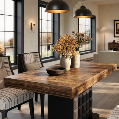 LITTLE TREE 63" Modern Dining Table, Rectangular Dinner Table for 4-6, Farmhouse Kitchen Table, Sturdy Wood Pedestal Base for Kitchen/Dining Room, Rustic Brown & Black
