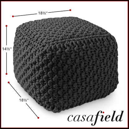 Casafield Square Pouf Ottoman, Black - 18.5" W x 18.5" D x 14.5" H Cotton Knit Foot Stool - Boho Floor Pouffe for Living Room, Bedroom, Home Office