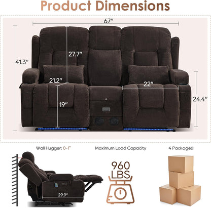 TUNYI Wall Hugger Loveseat Recliner Sofa with Console, Power Reclining Loveseat RV Couch with Massage & Heat/USB/Outlet/Storage/LED Light/Speaker (Brown, 2 Seat with Console)