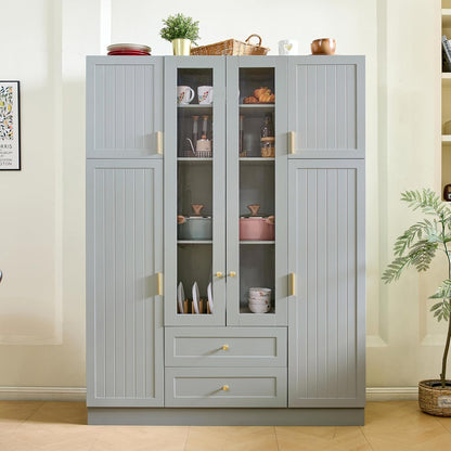 Modern Large Kitchen Pantry with 6 Doors,Storage Cupboard with Drawers, Adjustable Shelves,Pull-Out Trays and Wine Rack for Dining Room (Gray/KP)