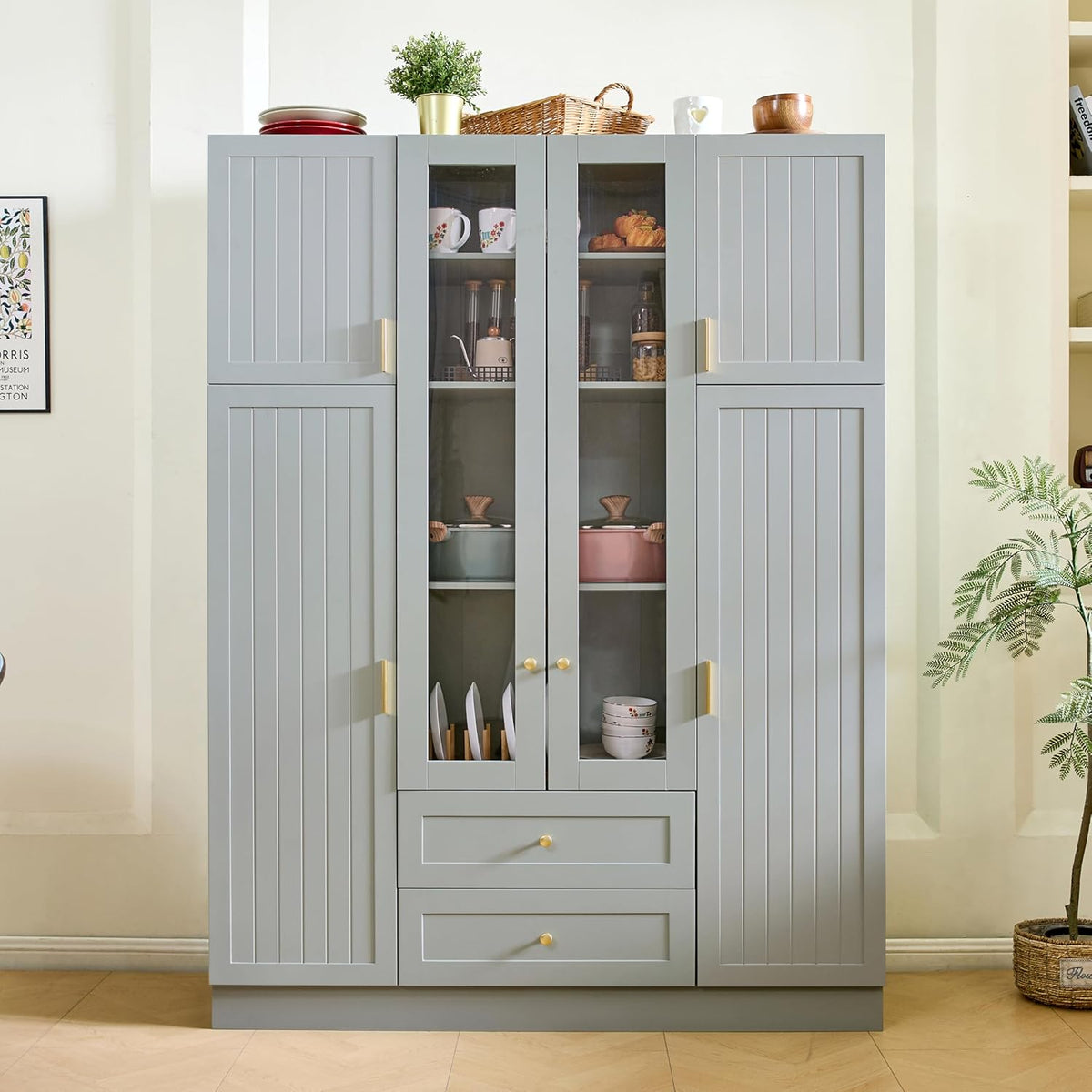 Large Kitchen Pantry Cabinet with 6 Doors and Drawers, Storage Cabinet Cupboard with Adjustable Shelves, Pull-Out Trays and Wine Rack for Dining Room, Kitchen (Green)