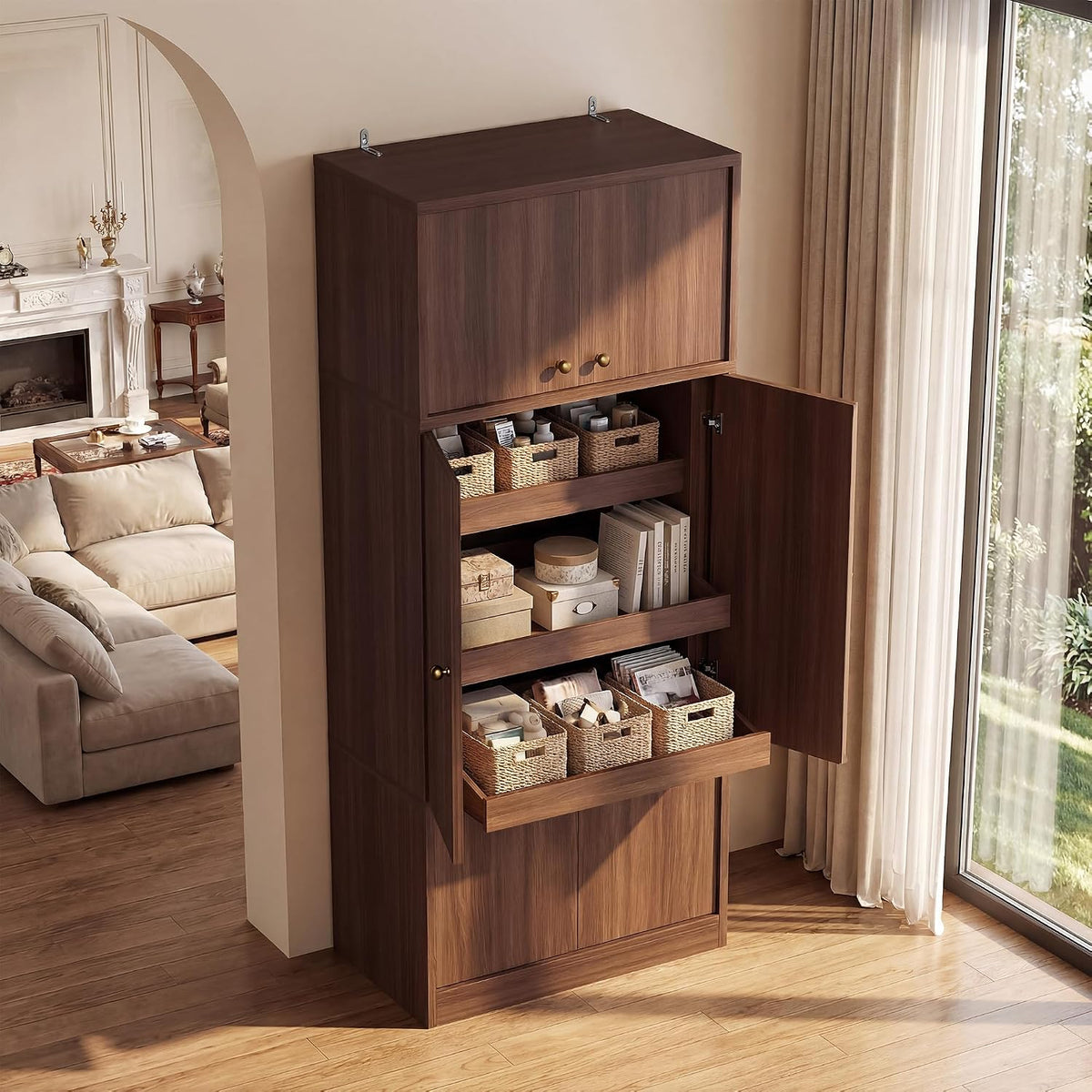 Tall Kitchen Pantry Cabinet 71 Inch, Freestanding Storage Cabinet with Doors and Adjustable Shelves, E1-Grade Wood, Walnut Finish for Kitchen Pantry Storage