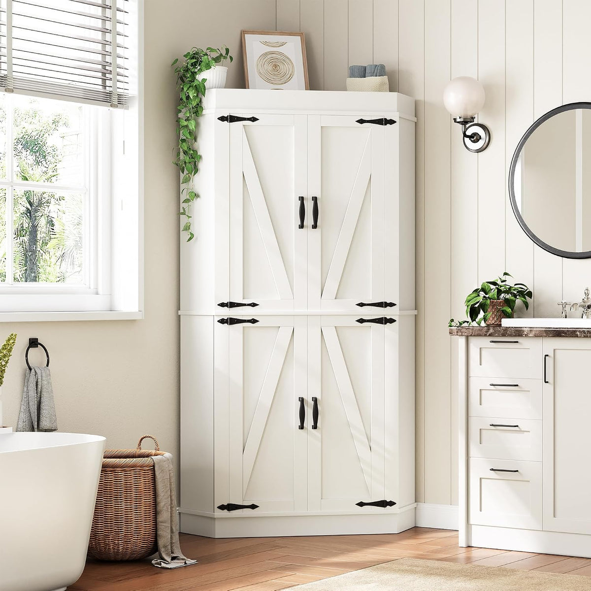 Corner Cabinet,71'' Kitchen Pantry Storage Cabinet with 4 Doors and Shelves, Tall Food Pantry Storage Cabinet Farmhouse Furniture for Kitchen Dining Room, White