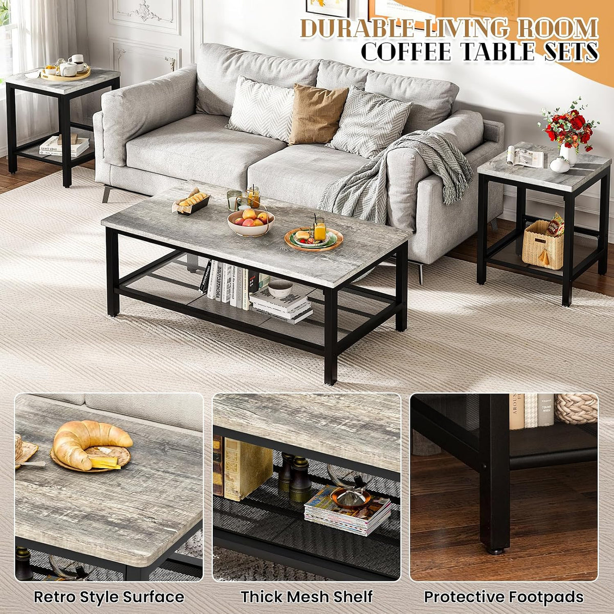 Recaceik 3-Piece Living Room Coffee Table Set, Industrial Coffee Table with 2 Square End Side Tables, Modern Living Room Table Set with Metal Frame for Apartment Home Office (Grey)