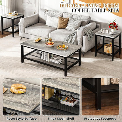 Recaceik 3-Piece Living Room Coffee Table Set, Industrial Coffee Table with 2 Square End Side Tables, Modern Living Room Table Set with Metal Frame for Apartment Home Office (Grey)