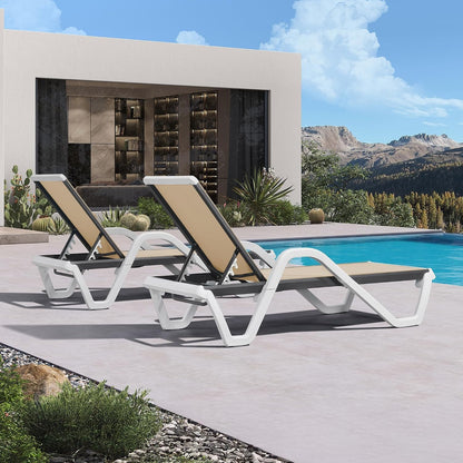 PURPLE LEAF Outdoor Chaise Lounge Set of 2 w/Armrest for Poolside, Khaki | Recline in 5 Positions, Lounge Freely with 400 lbs Support, Enjoy All-Day Cooling & Quick-Dry Comfort