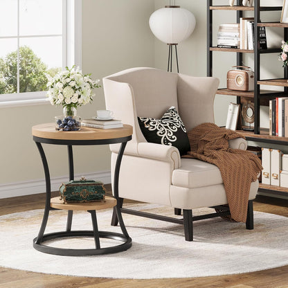 Round End Table, 2 Tier Industrial Side Table, Accent Bedside Table Nightstand with Metal Frame for Living Room, Bedroom, Small Spaces, Easy Assembly, Light Brown & Black
