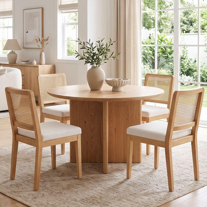 HNY Modern Farmhouse Rattan Dining Chairs Set of 4 Beige Chenille Upholstered Dining Room Chair with Cane Back Mid Century Natural Wood Kitchen Chairs, Boho Accent Wicker Woven Chairs for Living Room