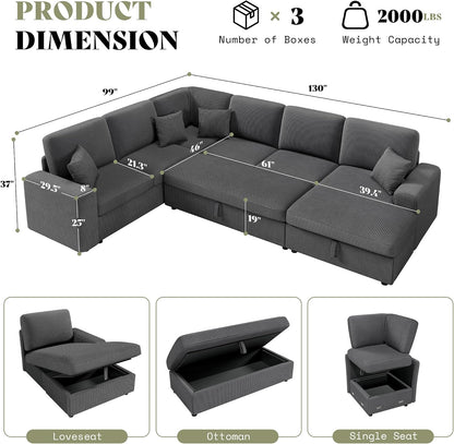 130" Sectional Couches for Living Room, Modular Sectional Sofa, Grey | Sofa Converts to Sleeper, Throw Pillows