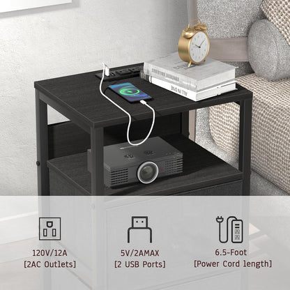 End Table with Charging Station & USB Ports, Rustic Nightstand with Fabric Drawers and Storage Shelf, Sofa Bed Side Table, Narrow Entryway Table for Bedroom Living Room, Black