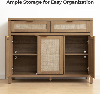 SICOTAS Rattan Sideboard Buffet Cabinet with Storage, Boho Credenza Accent Cabinet with 3 Doors and 2 Drawers, Farmhouse Console Coffee Bar for Kitchen, Living Room, and Entryway, Caramel Oak
