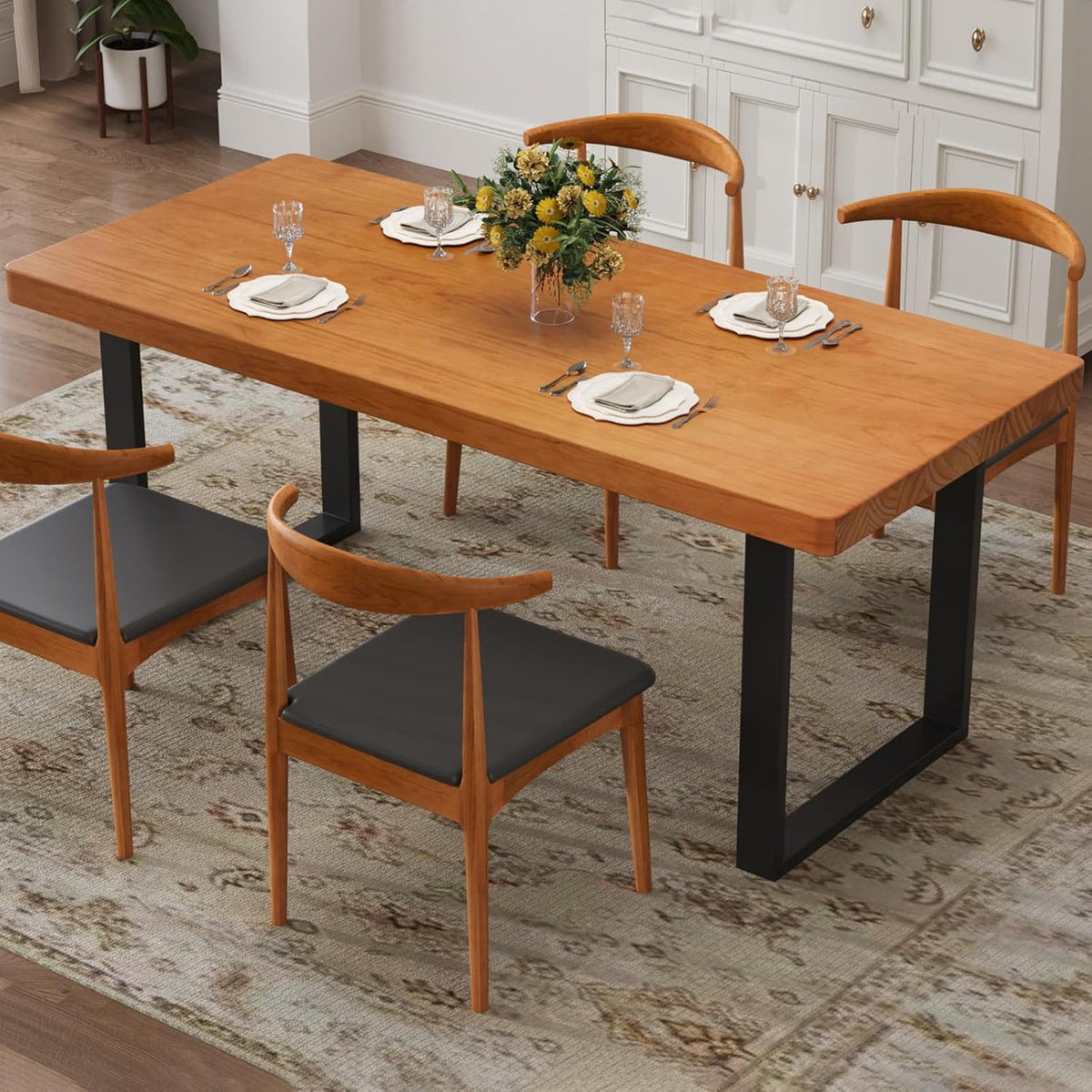 Stylish Modern Minimalist Solid Wood Dining Table with Sturdy Metal Base – Easy Assembly, Versatile Design for Dining Rooms, Living Rooms, and Offices