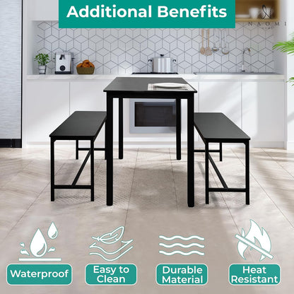 Naomi Home Space Saving 3 Piece Dining Table Set for Apartments & Small Spaces, Benches Tuck Under, Durable MDF & Steel Frame, Waterproof & Heat Resistant Kitchen Nook Set