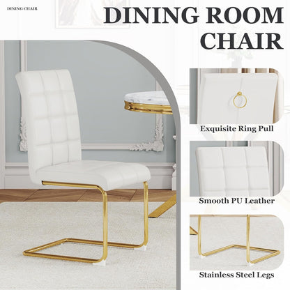 Modern Dining Chairs Set of 8, White PU Leather Chairs with Pull Ring Backrest and Gold Stainless Steel Legs, Easy-to-Assemble Kitchen Chairs for Dining Room, Living Room, or Bedroom