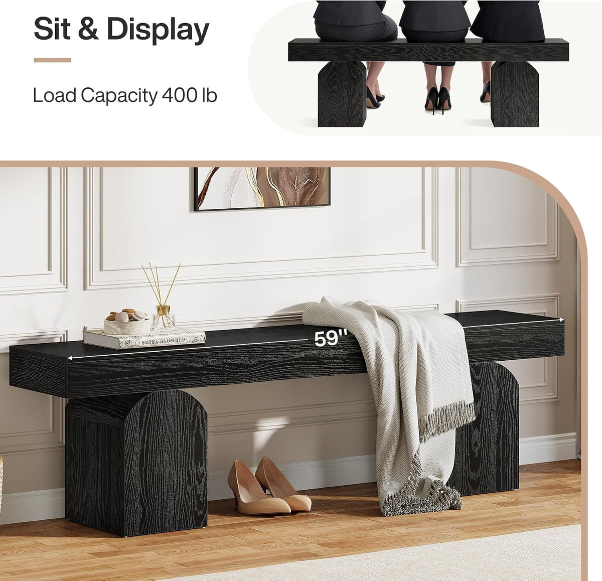 Tribesigns Entryway Bench, 59" Long Black Shoe Bench with Arched Bases, Wooden Indoor Bench for Entry Way, Living Room, Bedroom
