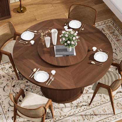 55'' Round Dining Table for 4-6, Mid-Century Modern Kitchen Table with Rotating Tray and 2-Layer Storage Shelf, Wood Slide Door Dining Room Table for Home Living Room, Walnut