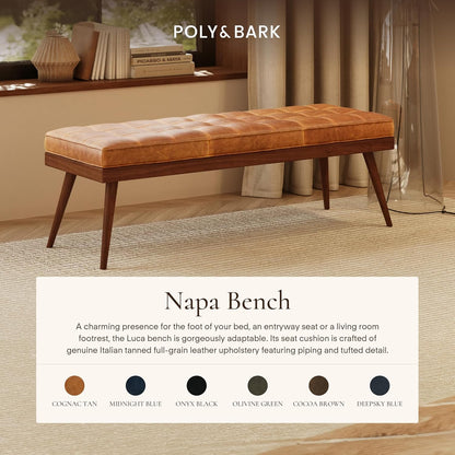 Poly & BARK 55" Tufted Leather Bed Bench for Bedroom End of Bed - Living Room Entry Way Bench - Pure Italian Leather Upholstery with a Solid Wood Frame - Ottoman Bench with Wooden Legs - Cognac Tan