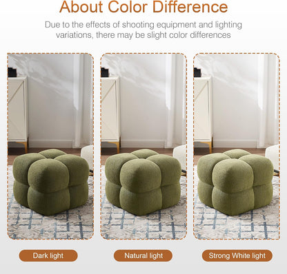 Zesthouse Square Pouf Ottomans Set of 2, Modern Vanity Chair for Bedroom | Boucle Fabric Foot Rest for Couch, Upholstered Tufted Footstool, Poofy Ottoman Seat for Living Room Dorm Fluffy Ottoman Green