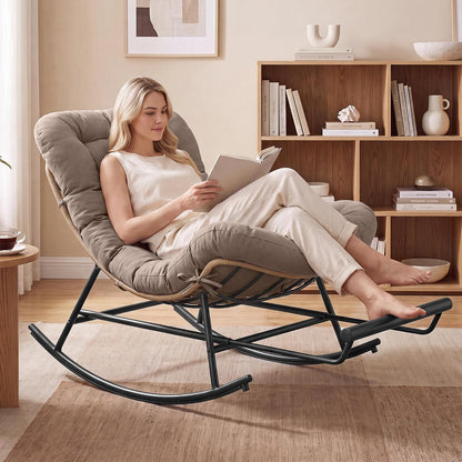 VASAGLE Outdoor Rocking Chair with Extendable Footrest, Removable Cushion | Papasan Chair, Outdoor Furniture, Heavy Duty Rocker, for Porch Patio Garden, Beige, TEOU Collection ULYY062LZ01V1