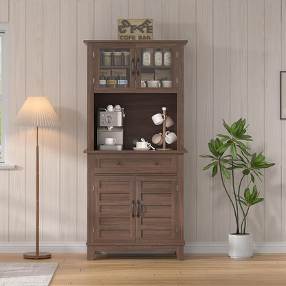 GarveeHome 72 in Tall Kitchen Pantry Cabinet, Kitchen Hutch Bar Cabinet with Microwave Stand, Cupboard with Drawers & 2 Glass Doors for Dining Room, Living Room, Kitchen, Dark Brown