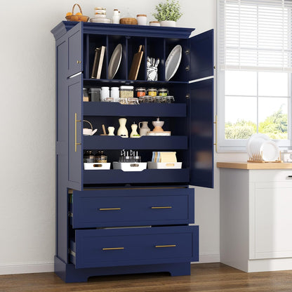 Polibi Farmhouse Freestanding Kitchen Pantry Cabinet, 40" Wide 4-Door Storage with Pull-Out Trays, Drawers & Cake Pan Organizer, Shaker Style in Blue
