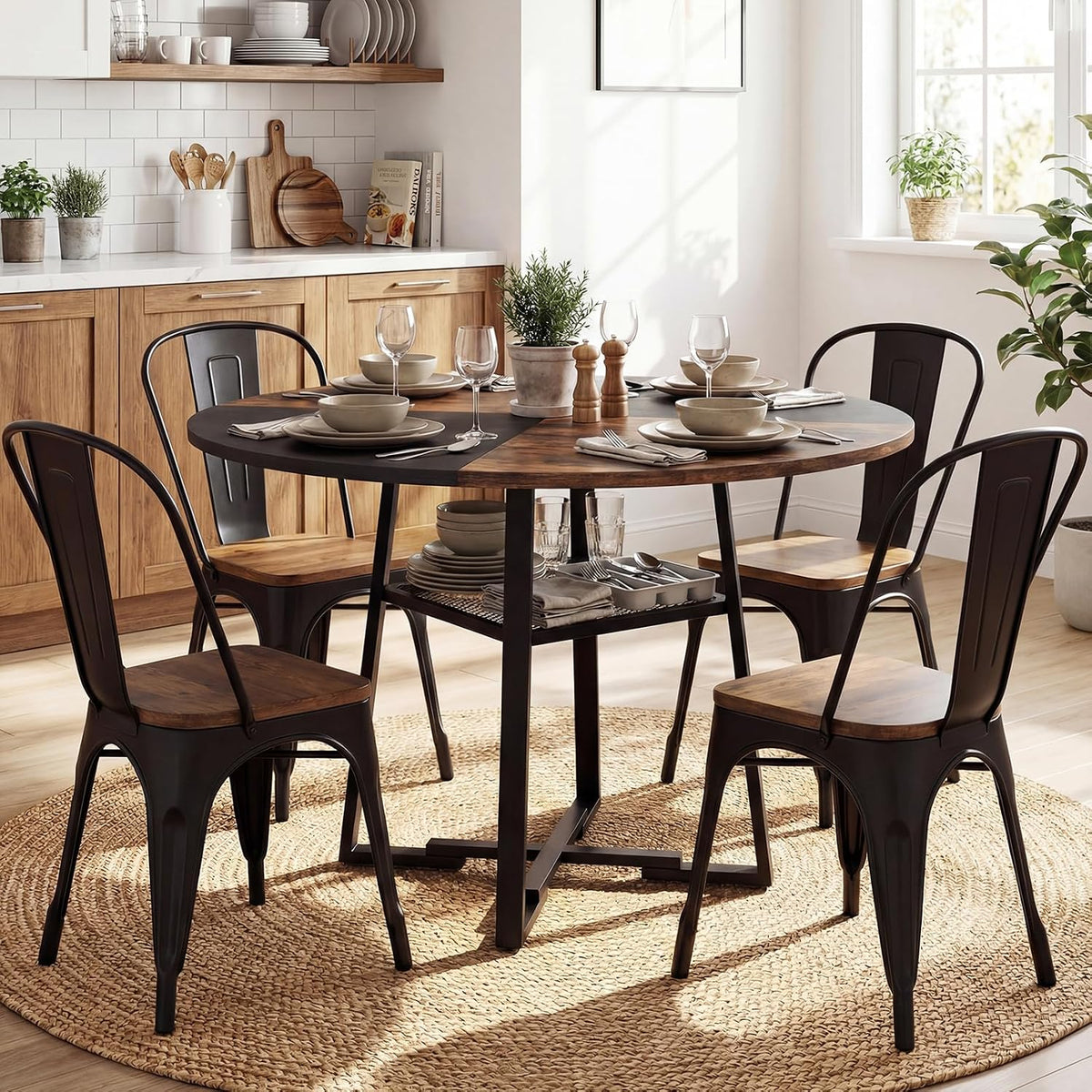 Giantex Round Dining Table for 4-6, 47.5" Circle Kitchen Table with Storage Shelf, Metal Pedestal, Space-Saving Farmhouse Dinner Table for Living Dining Room (Rustic Brown & Black)